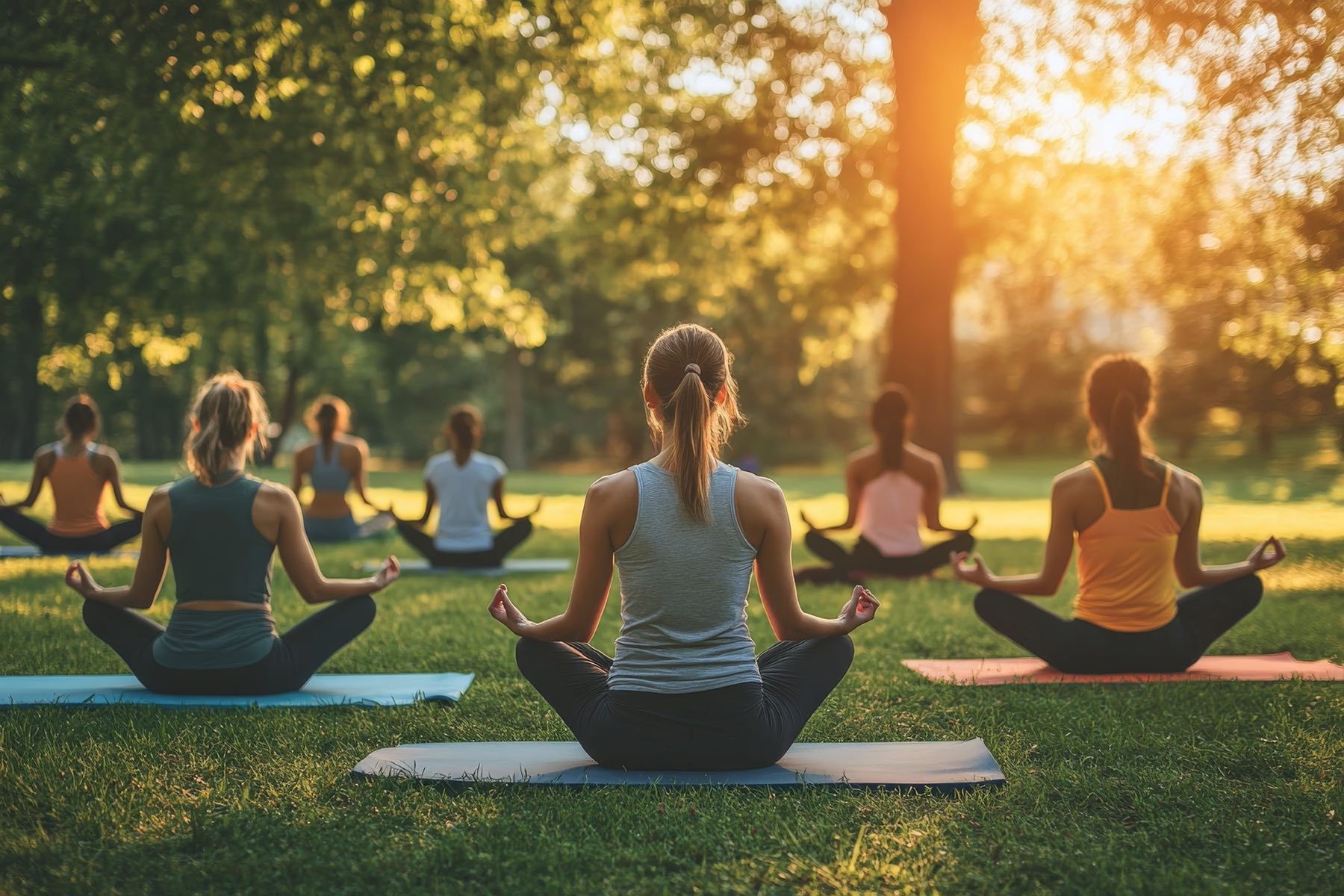 An outdoor yoga class at golden hour, mats laid out on the grass